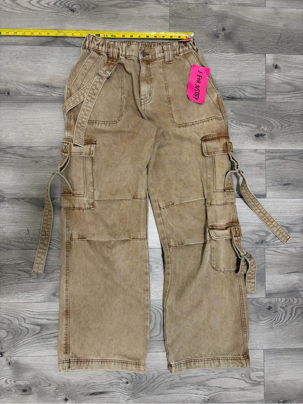 J for Justify Tan Wide-Leg Cargo Jeans with Utility Straps